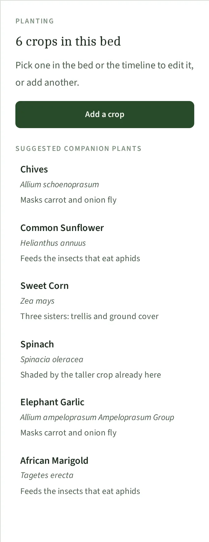 The suggested companion plants panel listing Chives, Common Sunflower, Sweet Corn, Spinach, Elephant Garlic and African Marigold, each with its botanical name and a one-line reason