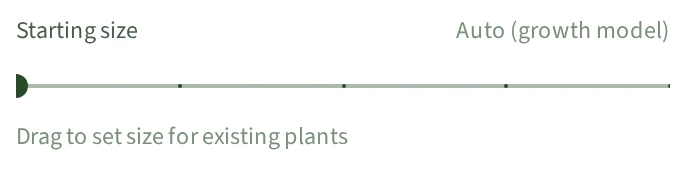 The Starting size control in a plant's details panel: a slider sitting at its left end, marked Auto (growth model), above the hint “Drag to set size for existing plants”