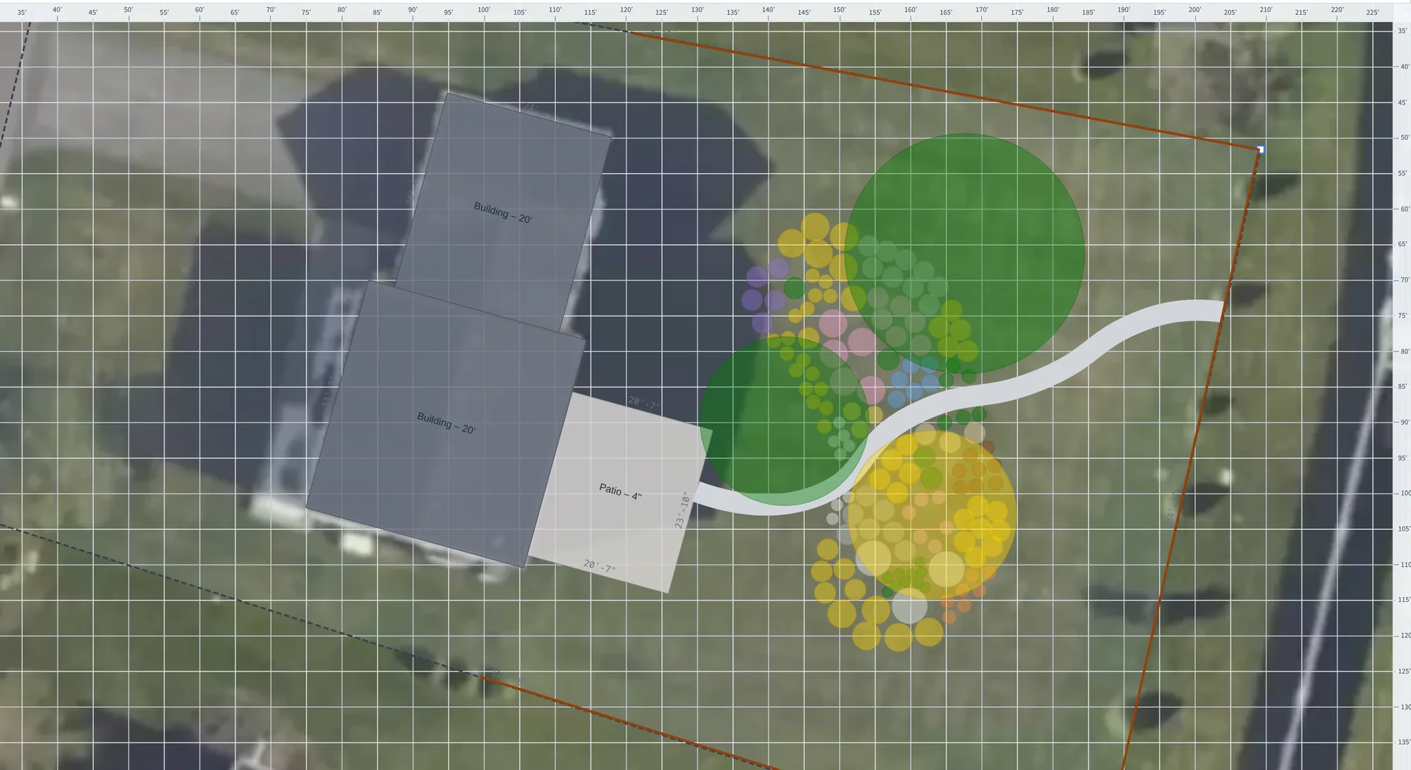 The Plantyd design canvas showing a traced property line and drawn buildings over a satellite photo of a yard