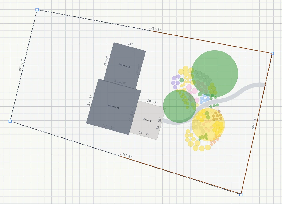 The same design with the aerial photo hidden: the property line, house, patio, path and planting stand on a plain grid, each edge labeled with its length