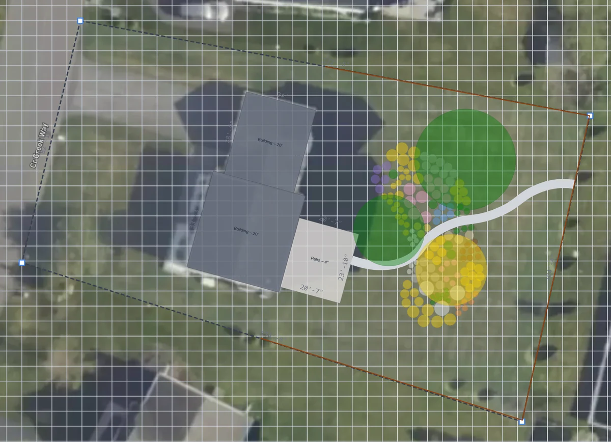 A Plantyd design over an aerial photo: the traced property line, the house and the patio sit on top of the roof and paving in the photo beneath them