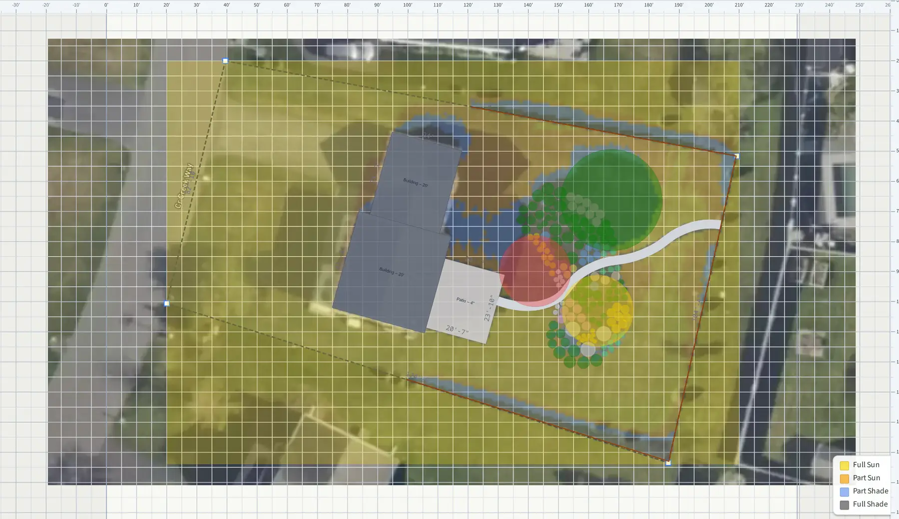 A Plantyd design in spring with the sun overlay on: most of the yard reads yellow for full sun, a band of blue part shade runs north of the house, and the beds are in bloom