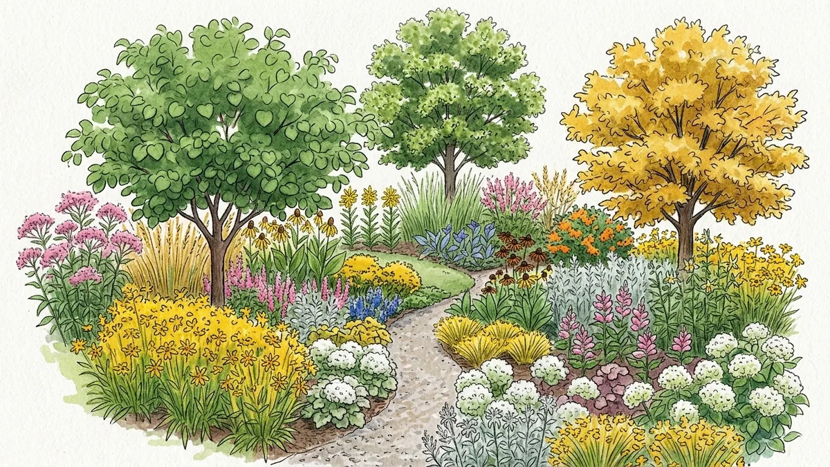 Watercolor render of the finished native garden