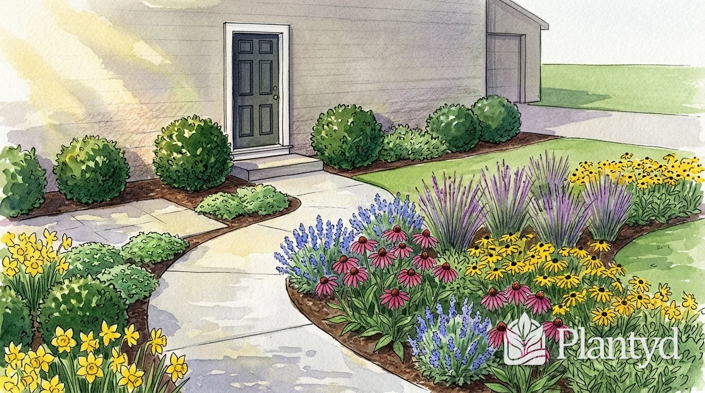A watercolor of a concrete walk curving to a front door with a small step, past beds of pink coneflowers, yellow black-eyed Susans, purple catmint and daffodils, with rounded shrubs along the house and a garage and driveway on the right. A Plantyd logo sits in the bottom right corner