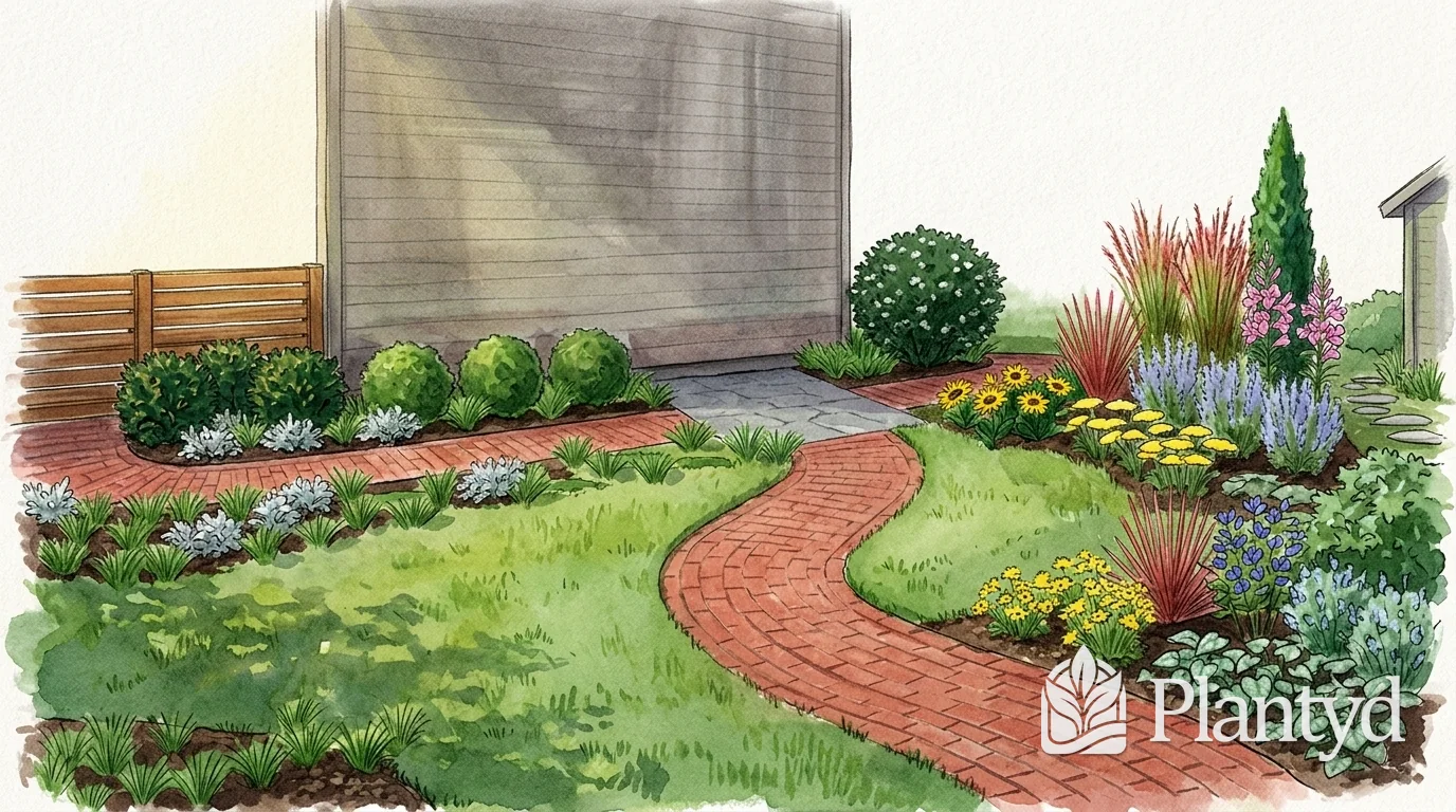A watercolor of a red brick walk curving across a lawn toward a gray house, between beds of yellow and blue flowers, red grasses and silver foliage, with a wooden fence and rounded shrubs behind. A Plantyd logo sits in the bottom right corner