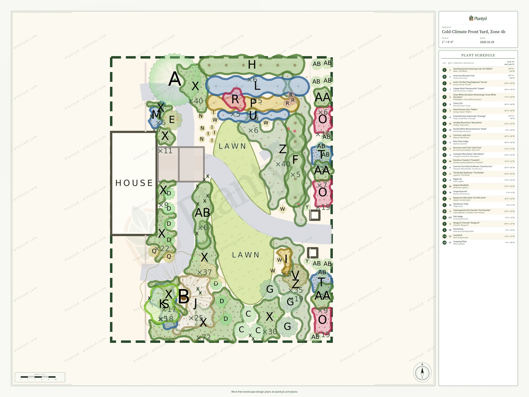 The plan sheet Plantyd exports for the cold-climate front yard: the house on the left, the S-curve walk and oval lawn, the beds drawn to scale with each plant group outlined and labeled with a letter and quantity, and the plant schedule down the right side. A faint Plantyd watermark pattern runs across the sheet.