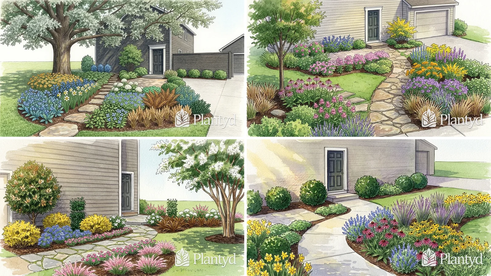 Four watercolor views from Plantyd's Render tool: stepping stones to a front door under a big oak, a flagstone walk through a native prairie bed to a front door, a flagstone walk past a magnolia and a white crape myrtle, and a concrete walk past coneflowers and black-eyed Susans