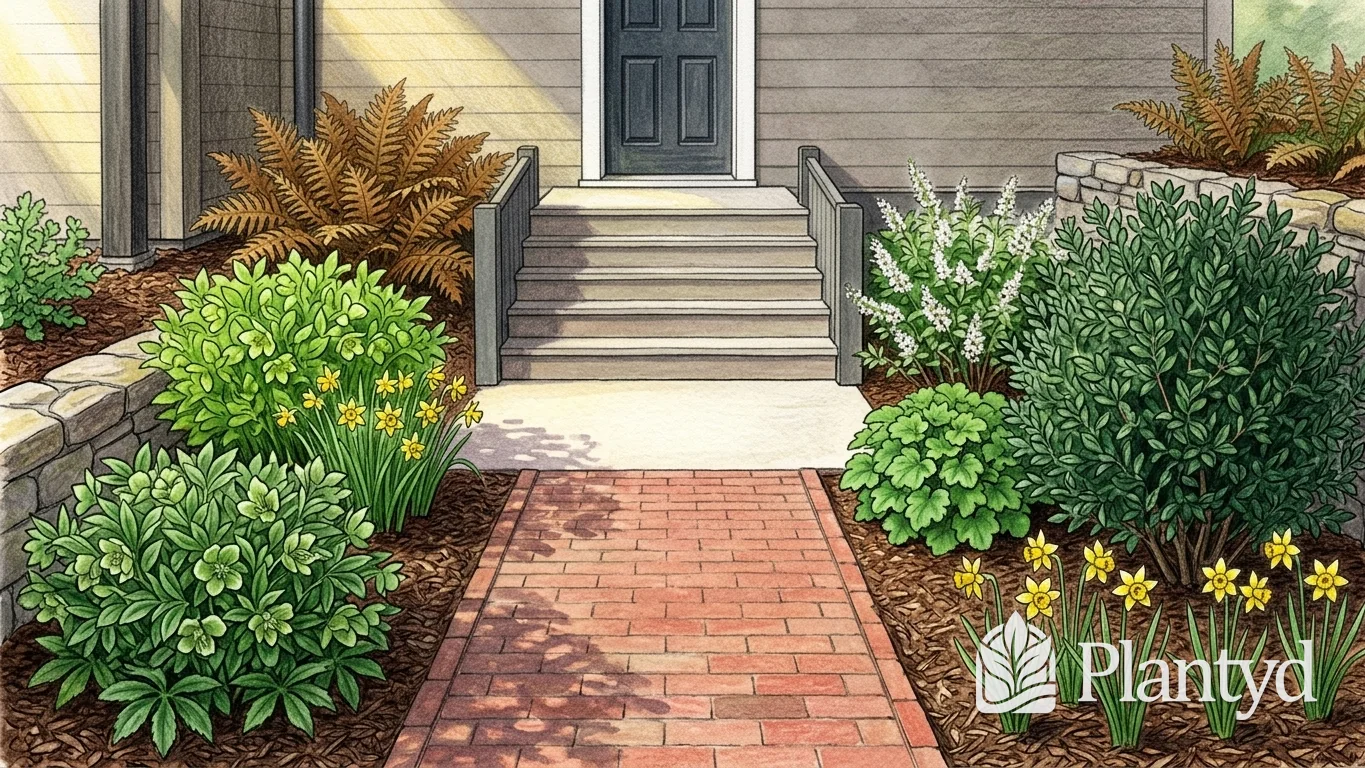 A watercolor of a red brick walk leading to steps and a dark front door between low stone walls. Rounded shrubs, rust-colored ferns, white-flowered shrubs and yellow daffodils fill the beds on both sides. A Plantyd logo sits in the bottom right corner