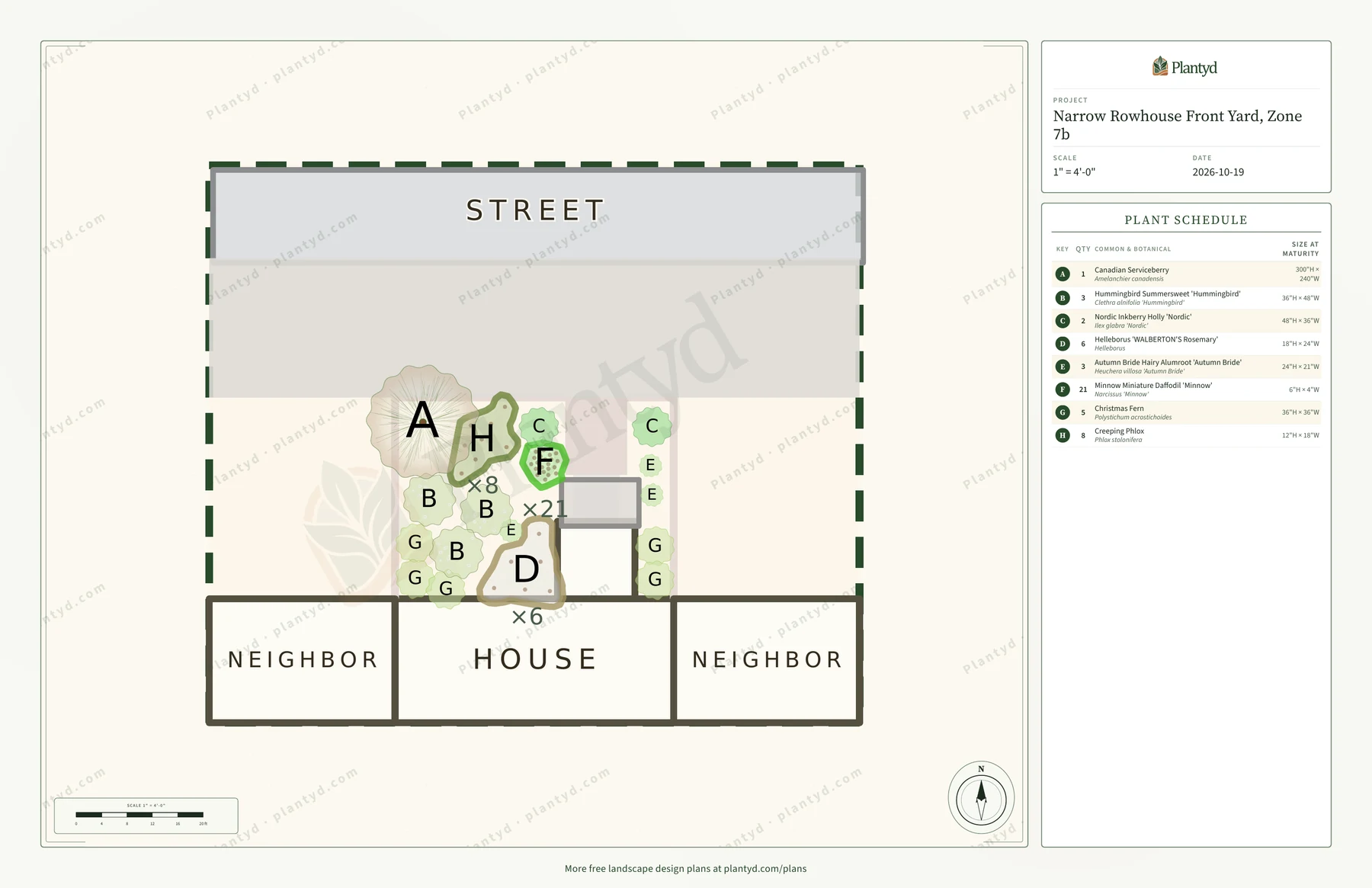 The plan sheet Plantyd exports for the narrow rowhouse front yard: the street, sidewalk, house and its neighbors drawn to scale, an unlabeled box for the stoop, a faint strip for the brick walk, each plant group outlined and labeled with its letter, and the plant schedule down the right side. A faint Plantyd watermark pattern runs across the sheet.
