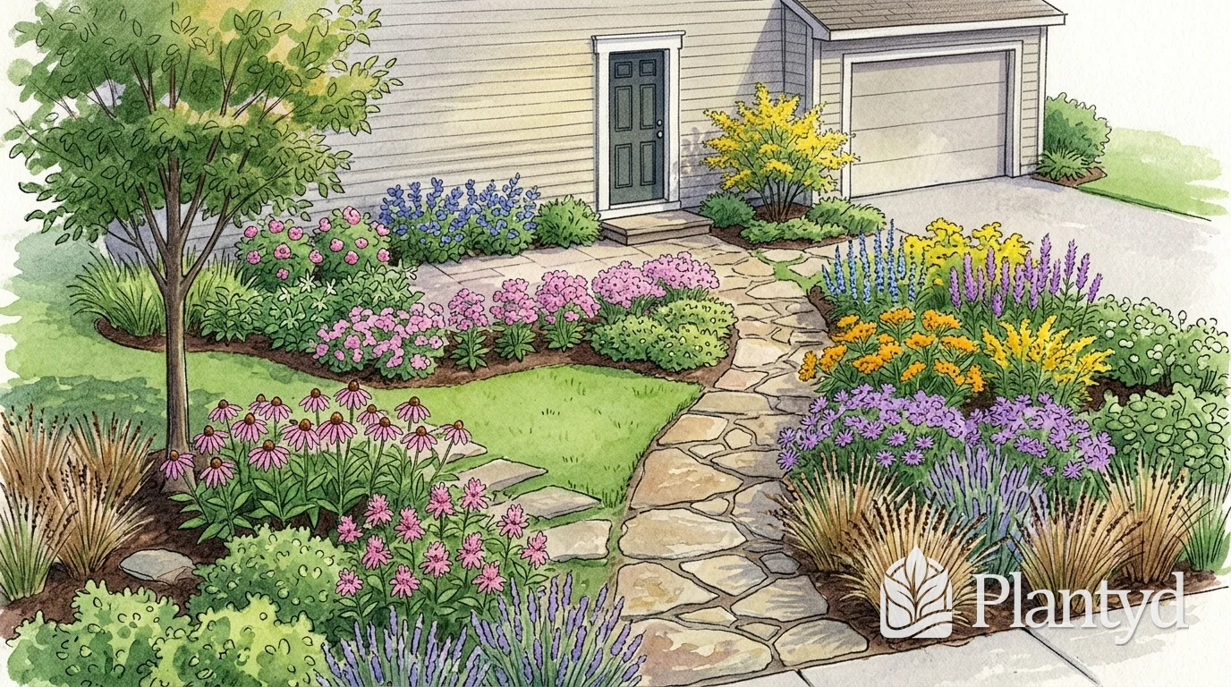 A watercolor of a flagstone walk leading from the sidewalk to a front door, between drifts of purple, pink and gold prairie flowers and tan grasses, with a small tree on the left and a garage and driveway on the right. A Plantyd logo sits in the bottom right corner