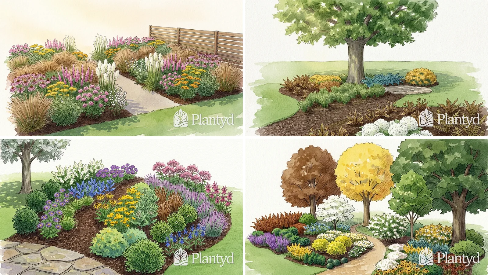 Four watercolor views from Plantyd's Render tool: a prairie planting beside a pale path and a wooden fence, a large oak over a shade bed with a mulch path, an oval rain garden of blue iris and shrubs, and a curving dirt path through a woodland edge of ferns, shrubs and yellow flowers under tall trees