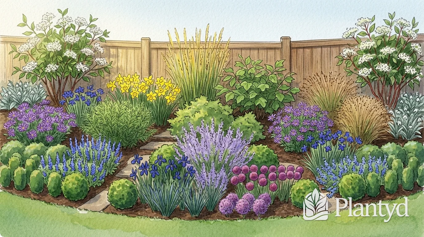 A watercolor of a deep flower border in front of a straight board fence. Red-stemmed shrubs with white flowers, tall green and tan grasses and a witch hazel stand against the fence. Purple asters, blue iris, lavender catmint, purple allium balls and yellow daffodils fill the middle, stepping stones cross the bed, and round green boxwoods edge the lawn. A Plantyd logo sits in the bottom right corner