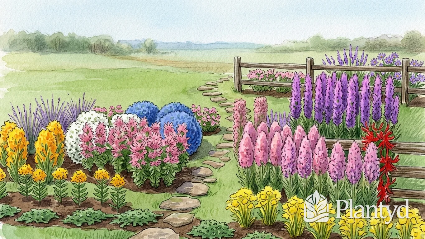 A watercolor of an island flower bed in an open lawn. Purple and pink blazing star spikes stand by a two-rail split-rail fence with red honeysuckle, stepping stones curve through the bed, and yellow, pink and white flowers and round blue indigo shrubs fill the left side. A Plantyd logo sits in the bottom right corner