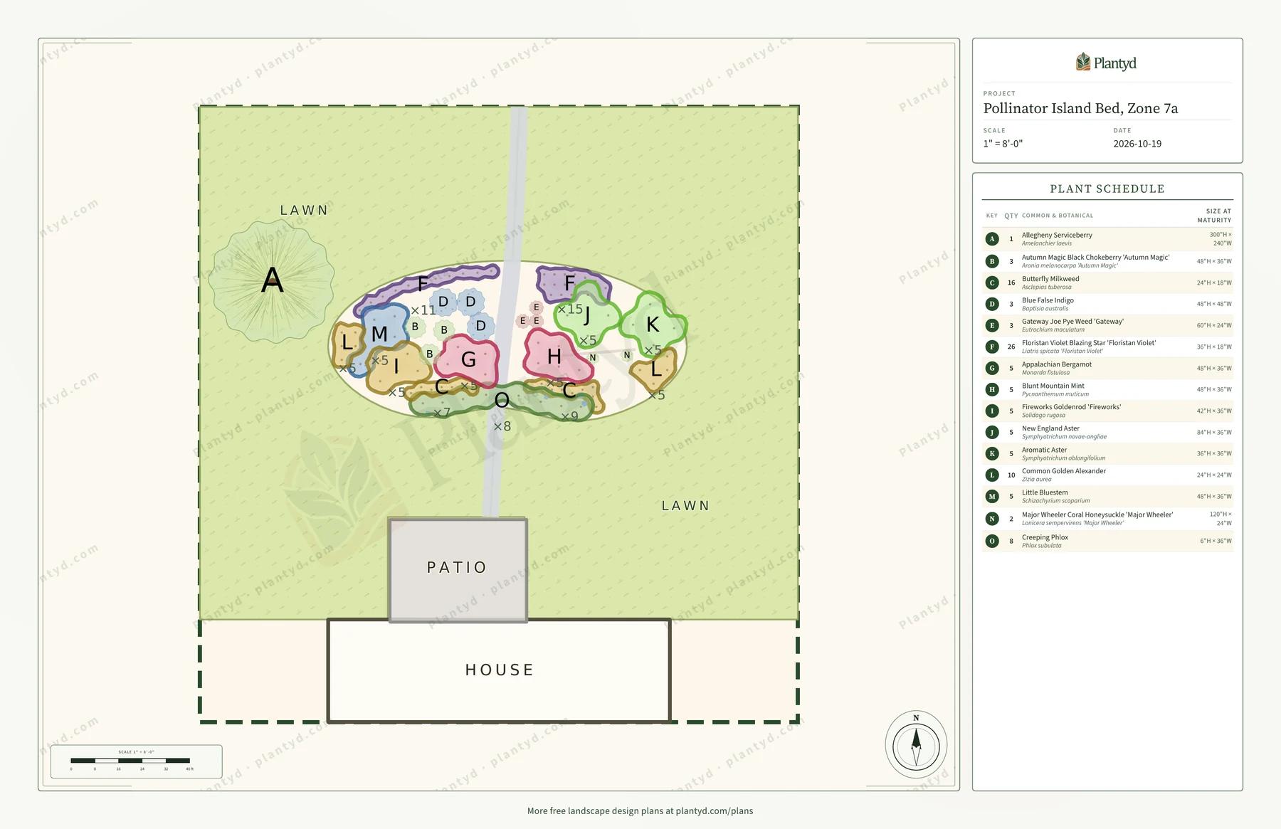 The plan sheet Plantyd exports for the pollinator island bed: the house, patio, stepping stones, the kidney-shaped bed in the lawn and the serviceberry off its left tip drawn to scale, the drifts outlined and labeled with a letter and count, the larger plants marked one letter each, and the plant schedule down the right side. A faint Plantyd watermark pattern runs across the sheet.