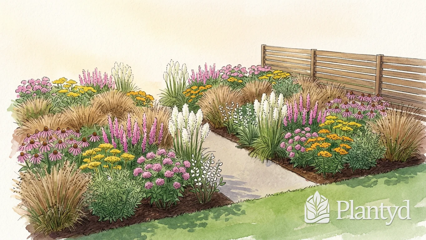 A watercolor of a backyard meadow seen from the lawn. Two beds of tan prairie grass clumps, pink coneflowers, purple blazing star spikes, white wild indigo, yellow and orange flowers sit either side of a straight path, with a wooden fence behind the right-hand bed. A Plantyd logo sits in the bottom right corner