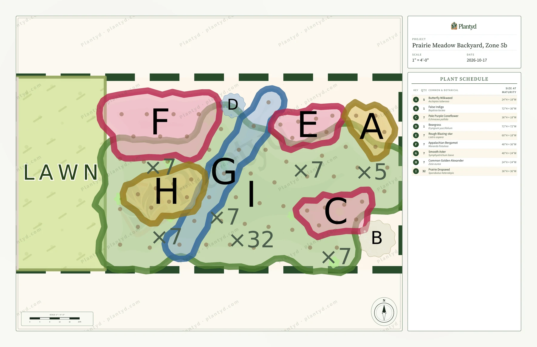 Page two of the plan PDF: one 20 by 12 foot module drawn large, with a strip of lawn on the left. Outlined groups are lettered F at the top left, H below it, a long diagonal G from the bottom left toward the top, E and A along the top right, and C at the bottom right, each with its count. A light green background labeled I covers the gaps, with single plants marked D and B. The schedule on the right lists the counts for one module.