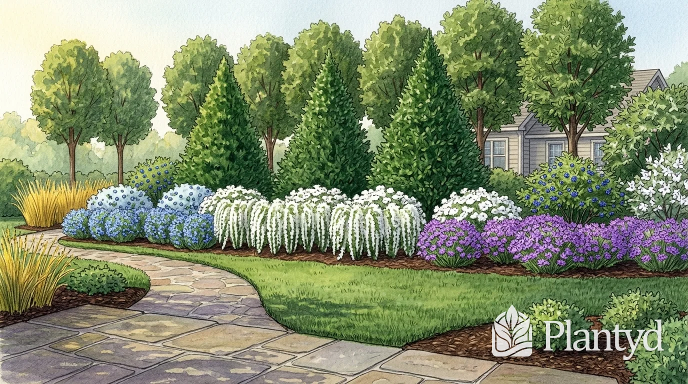 A watercolor of a back-yard privacy screen seen across a lawn from a stone patio. Three cone-shaped evergreens stand in front of a row of round-headed trees, with the corner of a house showing at the right. Blue-berried shrubs, arching white flowers, purple flowers and yellow grasses line the front of the bed, and a flagstone walk curves off to the left. A Plantyd logo sits in the bottom right corner