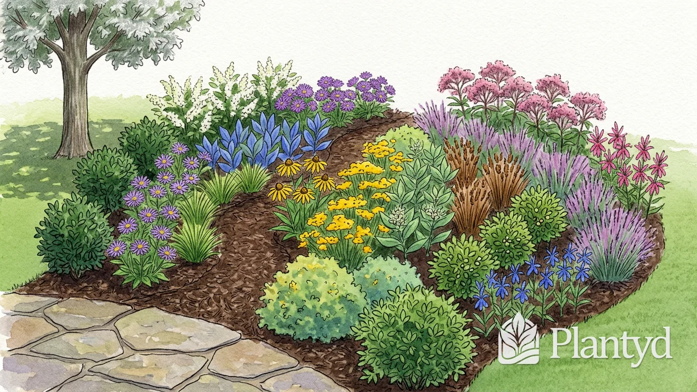 A watercolor of a curved, mulched garden bed seen from a flagstone edge in the foreground, with a tree on the left. Low purple asters and rounded green shrubs fill the near side, yellow black-eyed Susans and blue spikes the middle, and tall pink Joe-pye weed, coppery grasses and pink-red star-shaped flowers the far side. A Plantyd logo sits in the bottom right corner