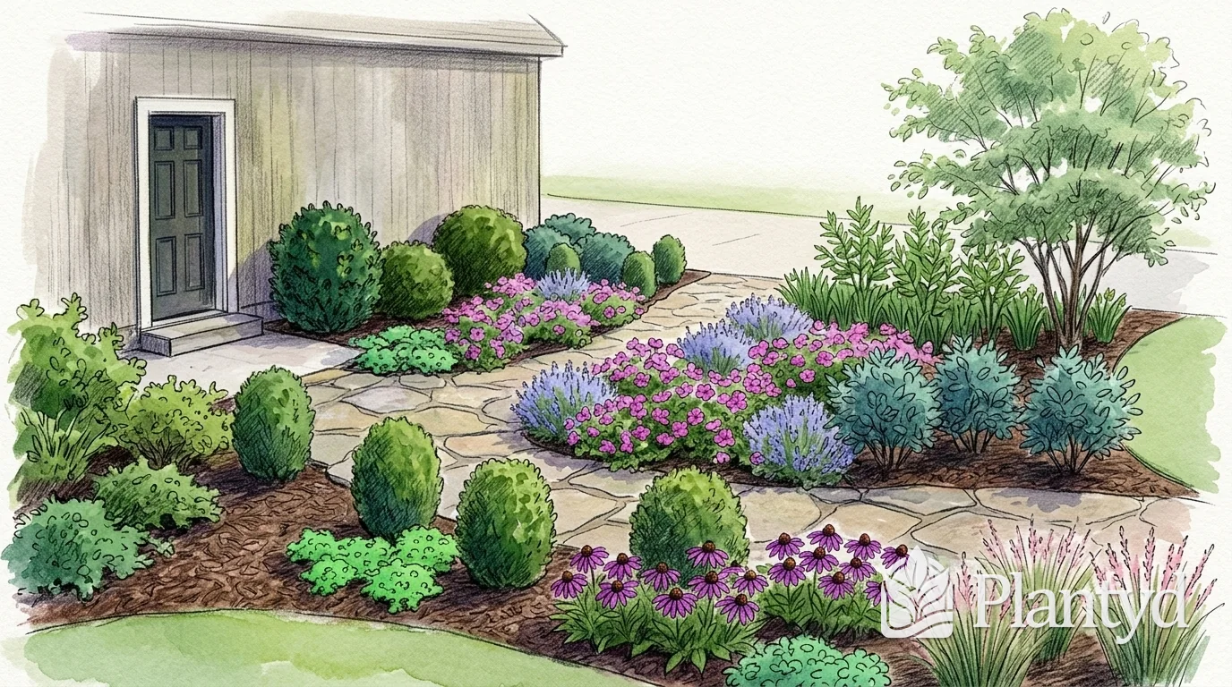 A watercolor of a flagstone walk curving to a front door with a low step, between beds of purple coneflowers, pink flowers and blue-gray shrubs, with rounded evergreens along the house and a small tree and the driveway behind. A Plantyd logo sits in the bottom right corner