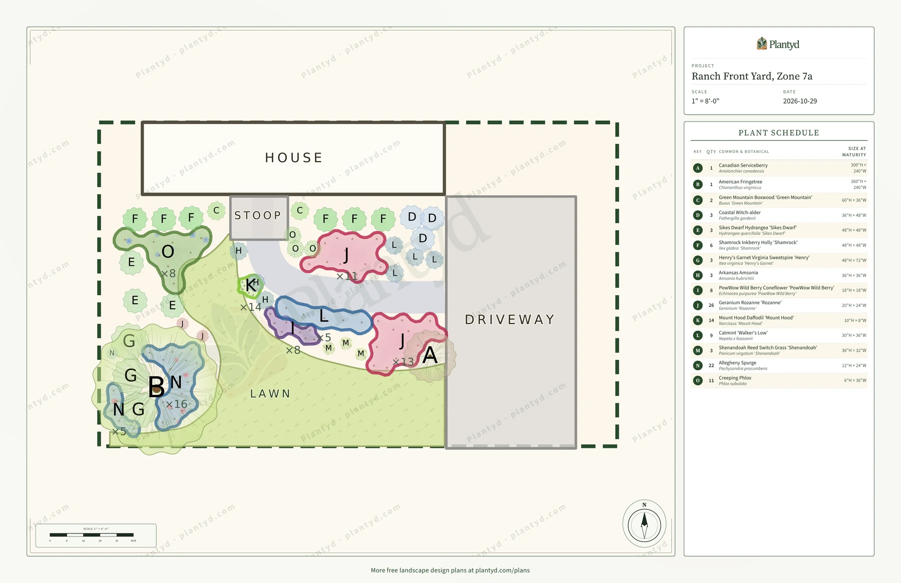 The plan sheet Plantyd exports for the ranch front yard: the house, stoop, curved walk, driveway and lawn drawn to scale, each plant group outlined and labeled with its letter and quantity, and the plant schedule listed down the right side. A faint Plantyd watermark pattern runs across the sheet.