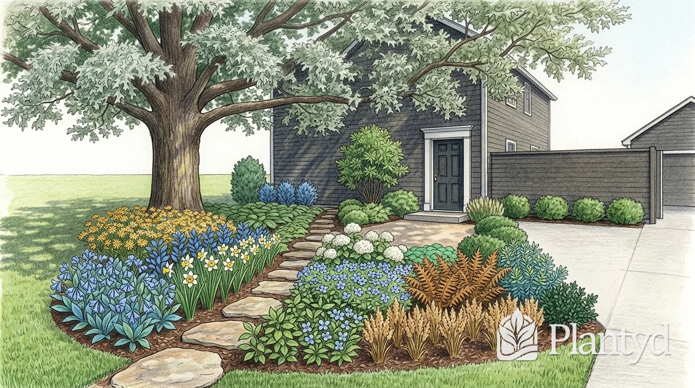 A watercolor of a large oak over a front yard. Stepping stones lead through beds of blue flowers, daffodils, white hydrangeas and rust-colored ferns to the front door of a gray house, with a concrete driveway and a garage on the right. A Plantyd logo sits in the bottom right corner