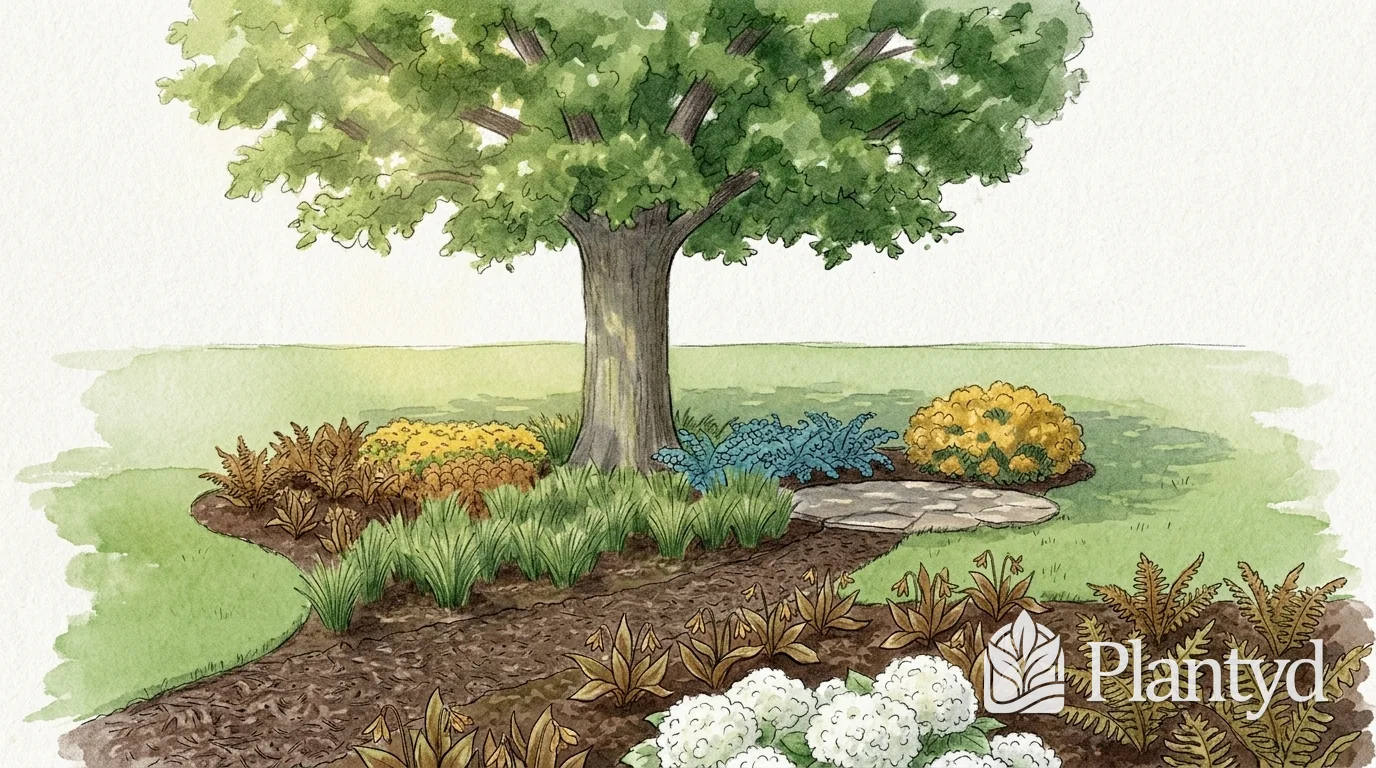 A watercolor of a garden bed around a large oak in summer. A wood-chip path runs from the lawn into the bed past white hydrangeas and brown-tinted ferns, with grassy sedges, a blue-green patch and two gold shrubs around the trunk and a small stone pad beyond. A Plantyd logo sits in the bottom right corner