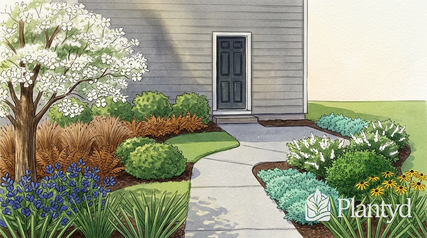 A watercolor of a concrete walk leading straight to a dark front door, between beds of rust-colored ferns, brown grasses, blue flowers and blue-gray shrubs, with a white-flowered dogwood on the left. A Plantyd logo sits in the bottom right corner