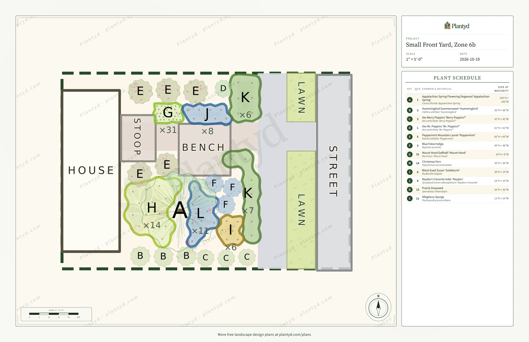 The plan sheet Plantyd exports for the small front yard: the house, the straight walk, the stoop, the square bench court and the curb crossing drawn to scale, each plant labeled with its letter and each drift with its quantity, and the plant schedule down the right side. A faint Plantyd watermark pattern runs across the sheet.
