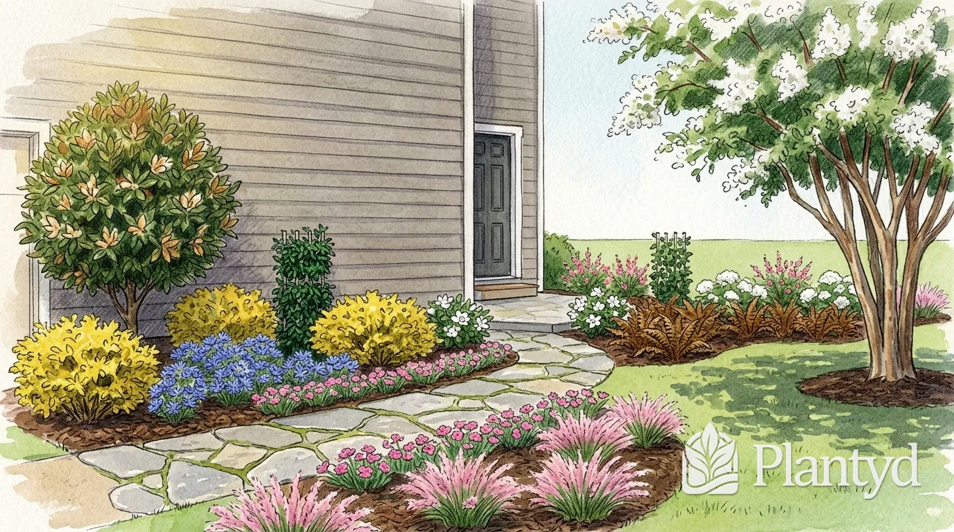 A watercolor of a flagstone walk curving to the front door of a gray house, past pink and blue flowers, yellow shrubs and a magnolia on the left, with a white-flowered crape myrtle on the right. A Plantyd logo sits in the bottom right corner