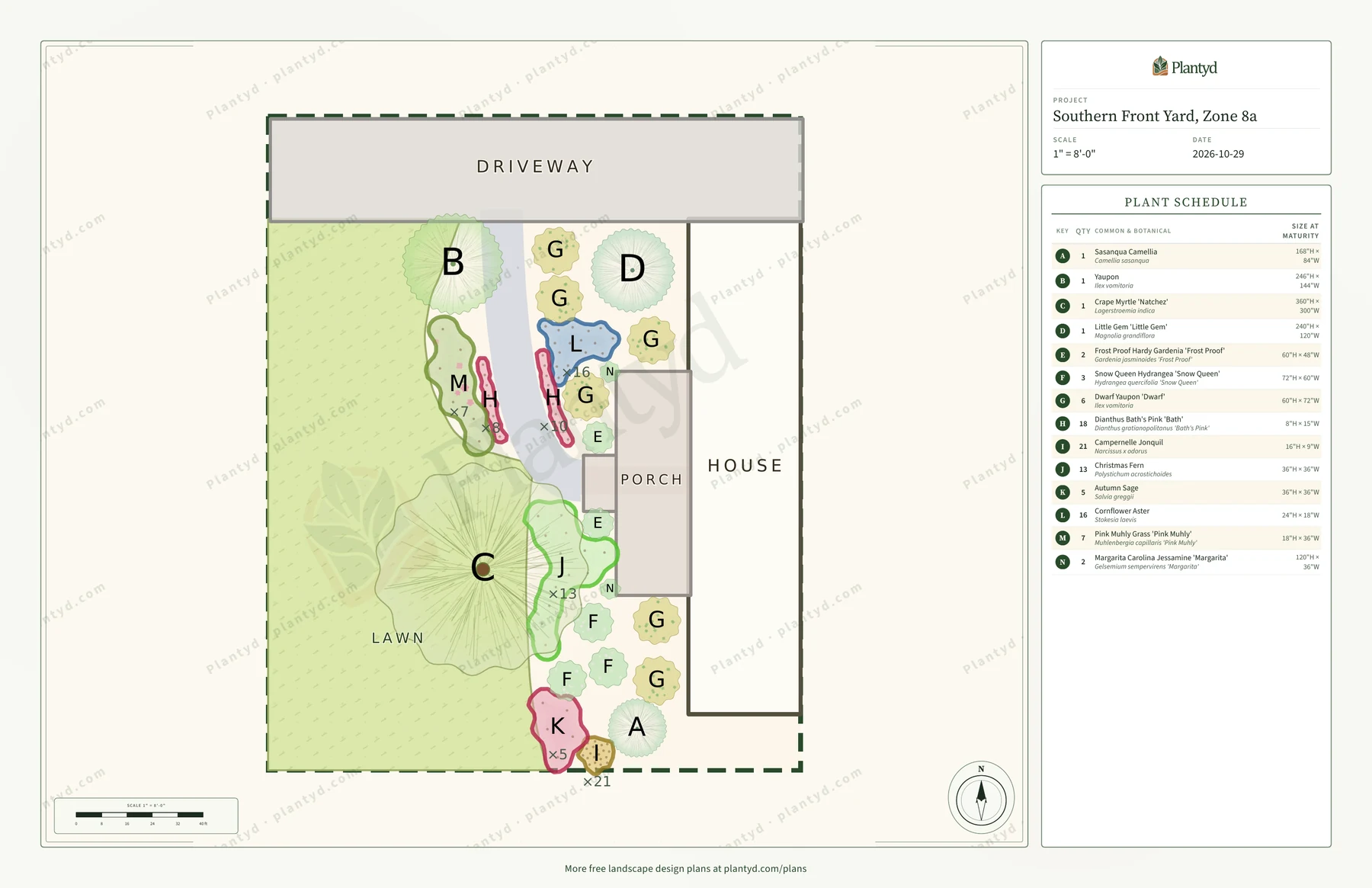 The plan sheet Plantyd exports for the Southern front yard: the driveway, lawn, house and porch, the curved flagstone walk and the beds drawn to scale, each plant labeled with its letter and each drift outlined with its count, and the plant schedule down the right side. A faint Plantyd watermark pattern runs across the sheet.