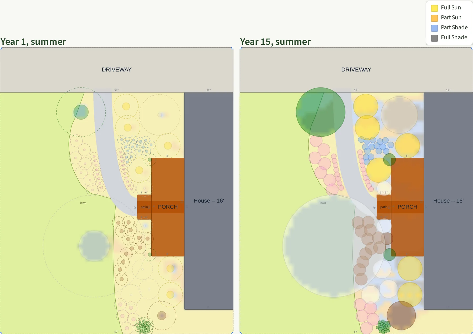 Two overhead views of the Raleigh front yard from Plantyd's sun analysis in summer, side by side. The street is on the left, the house and porch on the right with the driveway along the top. In year one, left, the beds are yellow for full sun and the lawn is drawn in green, with young plants as small dots inside dashed outlines of their full size. In year fifteen, right, the plants are full size and the crape myrtle's canopy is a large pale disc in the lawn opposite the south end of the porch, with mature shrubs filling the ground between it and the house.