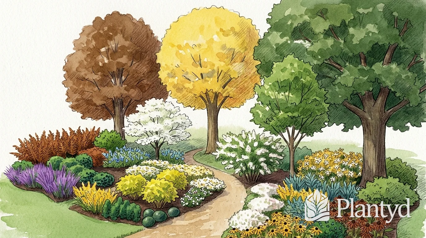 A watercolor of a dirt path curving between two planted beds toward tall trees: one russet, one yellow and a big green one at the right. A white-flowering small tree stands at the left of the path. The left bed has rust-colored ferns, purple spikes and yellow-green shrubs; the right bed has a white-flowering shrub, blue-gray grasses and black-eyed Susans. A Plantyd logo sits in the bottom right corner