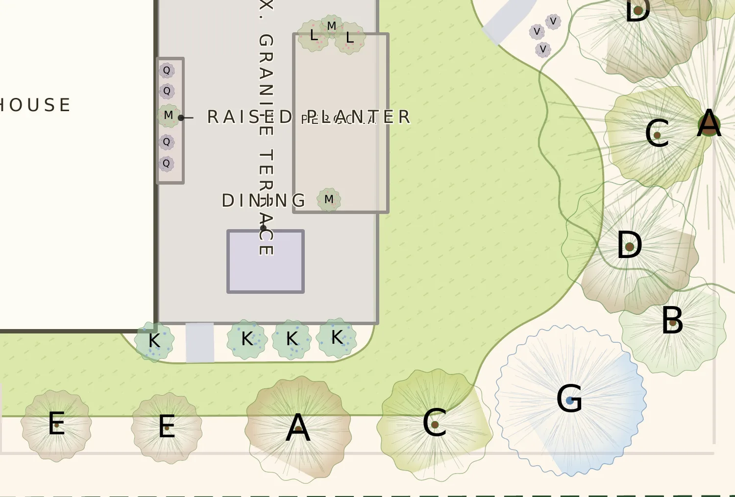 Detail of a landscape plan showing an existing granite terrace with pergola dining area, planters with hydrangeas and lavender, and a row of apple trees along the property line