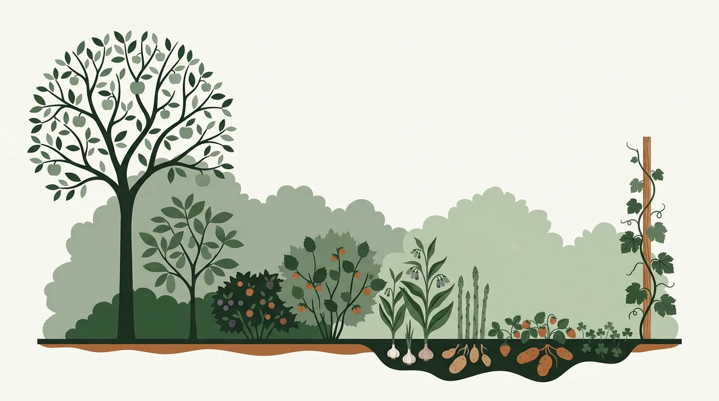 A flat illustration of a food forest in cross-section, in Plantyd's forest green, sage and terracotta palette. A tall apple tree stands at the left, a smaller tree beside it, then a band of berry shrubs, then taller perennials, then a low mat of strawberry and clover. Below a thin soil line, garlic bulbs and tubers are drawn in cutaway, and a grapevine twines up a slim wooden post at the right