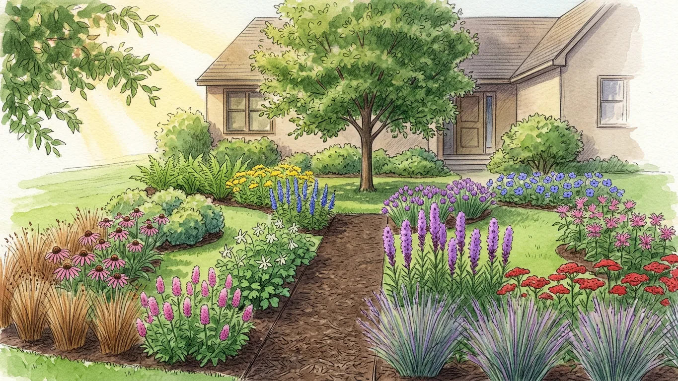 A watercolor view of the zone 4b bed looking north. A mulched path runs from the foreground to an apple tree in the middle, with a building behind it. On the left, rust-colored little bluestem, pink coneflowers and pink prairie clover spikes, with ferns, yellow golden alexanders and blue hyssop farther back. On the right, purple blazing star spikes, purple chives, pink bergamot and red yarrow, with blue-gray clumps of prairie dropseed along the front.
