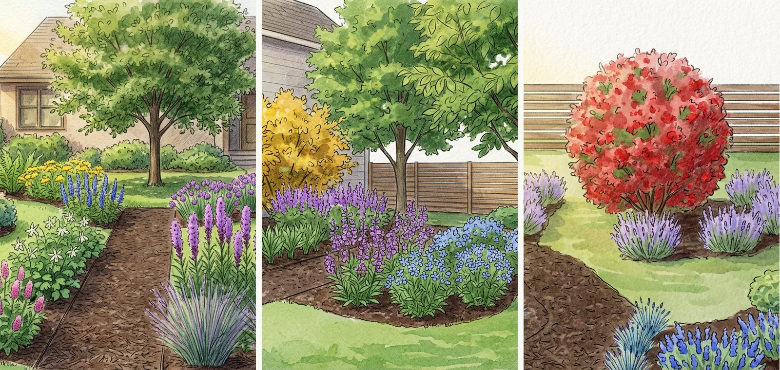 Three watercolor views of garden beds side by side. On the left an apple tree over a mulched path, with prairie flowers and grasses in front. In the middle two pawpaw trees above drifts of purple and blue woodland flowers. On the right a pomegranate in red flower framed by lavender, with blue fescue along a path