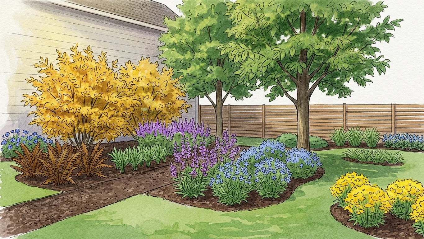 A watercolor view of the zone 7b bed. Two pawpaw trees stand side by side at the back in front of a wooden fence, with the house wall on the left. Yellow-leaved shrubs and ferns grow along the wall beside a mulched path. In the middle of the bed are drifts of purple flower spikes and blue flowers, with grassy clumps beyond and a drift of yellow flowers in the right foreground.