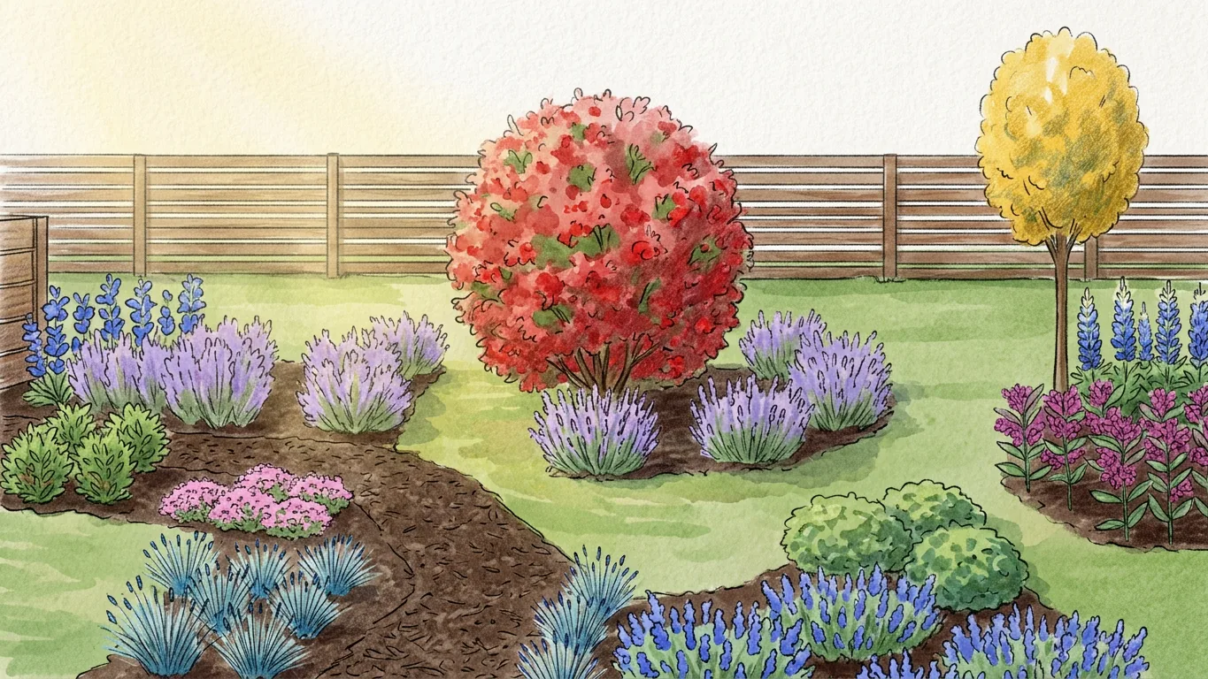 A watercolor view of the zone 9b bed from the southeast in early summer. A rounded pomegranate in red flower stands in the middle, framed by mounds of purple lavender. A mulched path curves in from the foreground between tufts of blue fescue, with a drift of pink thyme beside it, blue catmint in the front right, blue lupine spikes at the left and right edges, and pink showy milkweed on the right.
