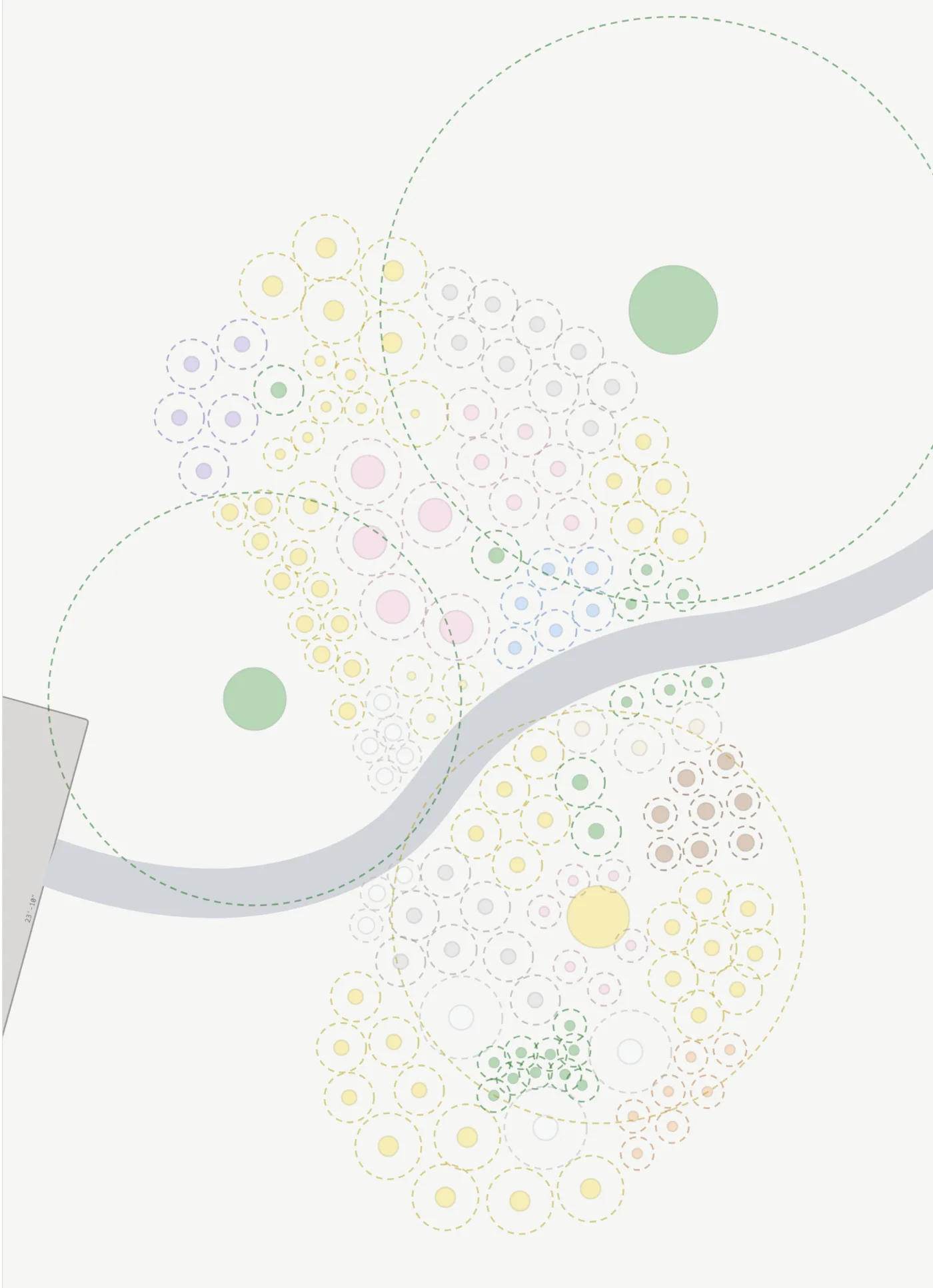 Native garden plan at year 1, showing small solid plant circles each surrounded by a larger dashed ring indicating mature size