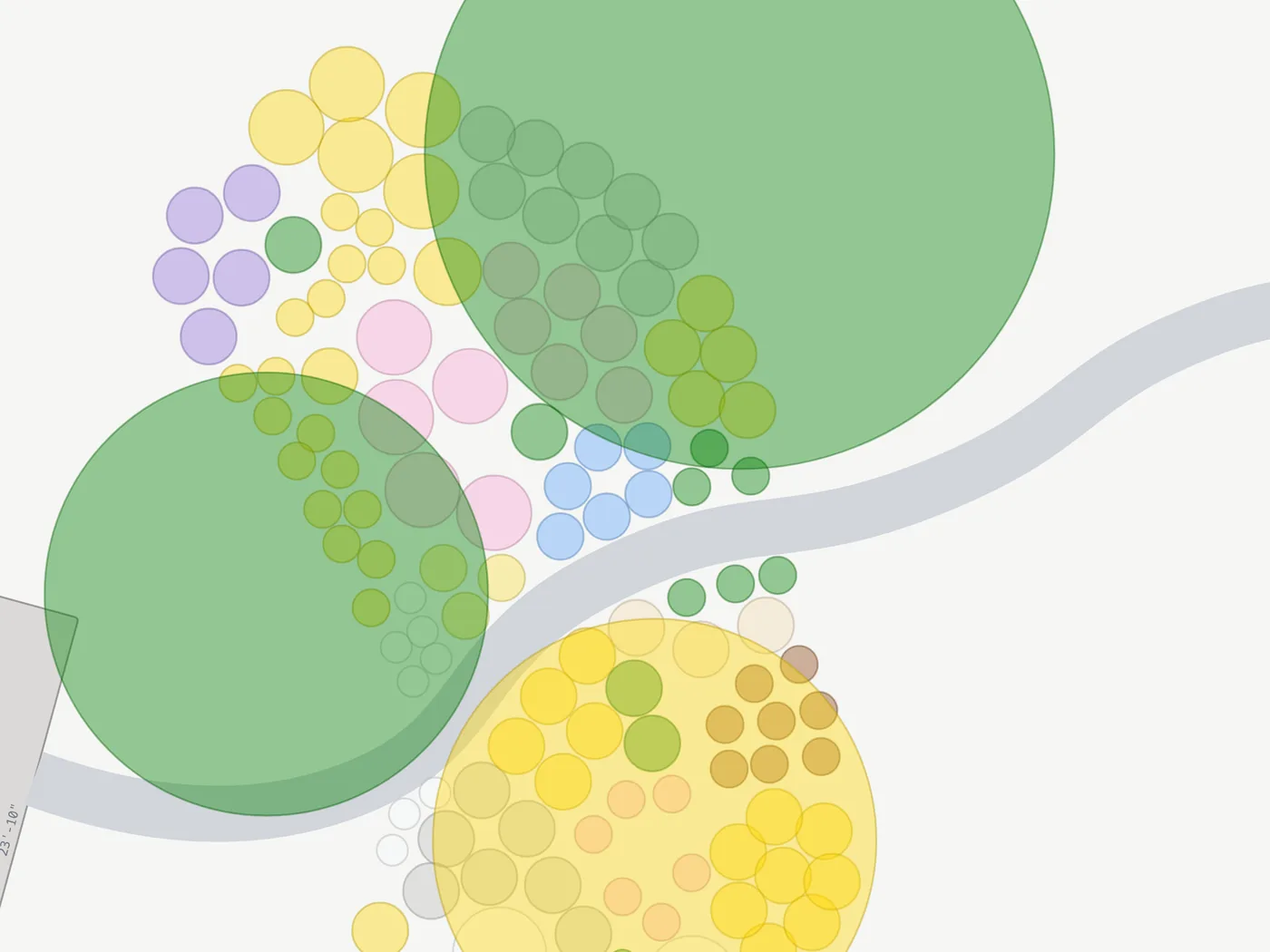 A Plantyd plan of a native garden at year 15. Three big tree canopies, a green blackgum, a green redbud and a gold oak, sit shoulder to shoulder with their edges just meeting, and the smaller perennial masses show through underneath