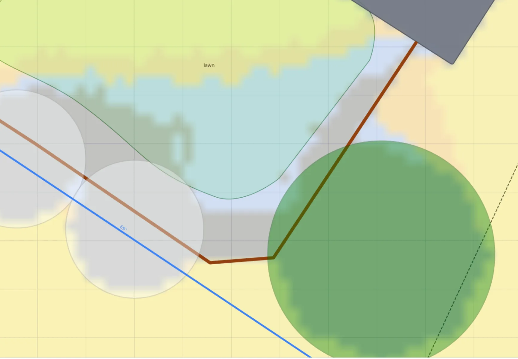 Plantyd's sun and shade overlay coloring a yard by light exposure — full sun, part sun, part shade and full shade — with tree canopies casting shadow
